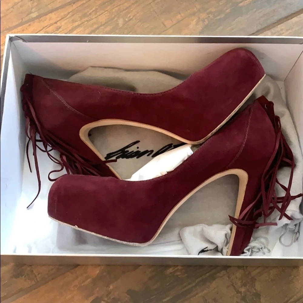 Brian Atwood suede fringe platform heels